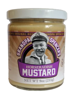9oz jar of Grandpa Spencer's horseradish flavored mustard