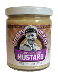 9oz jar of Grandpa Spencer's horseradish flavored mustard