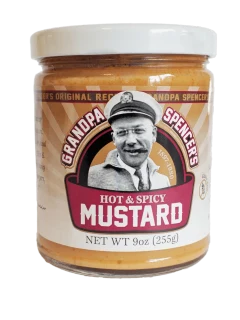 9oz jar of Grandpa Spencer's hot and spicy flavored mustard