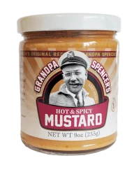 9oz jar of Grandpa Spencer's hot and spicy flavored mustard