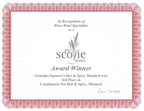2017 Scovie Awards certificate: 3rd Place, Condiments-Not Hot & Spicy, Mustard, for Grandpa Spencer's Hot & Spicy Mustard