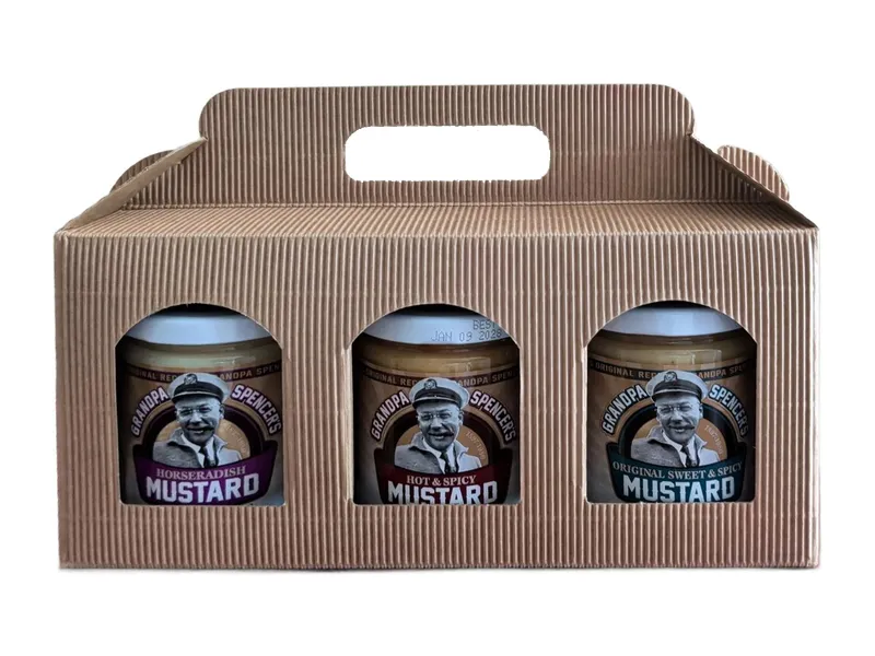 Grandpa Spencer's gift pack: a kraft corrugated carrier with three windows showing jars of Horseradish, Hot & Spicy and Original Sweet & Spicy mustard