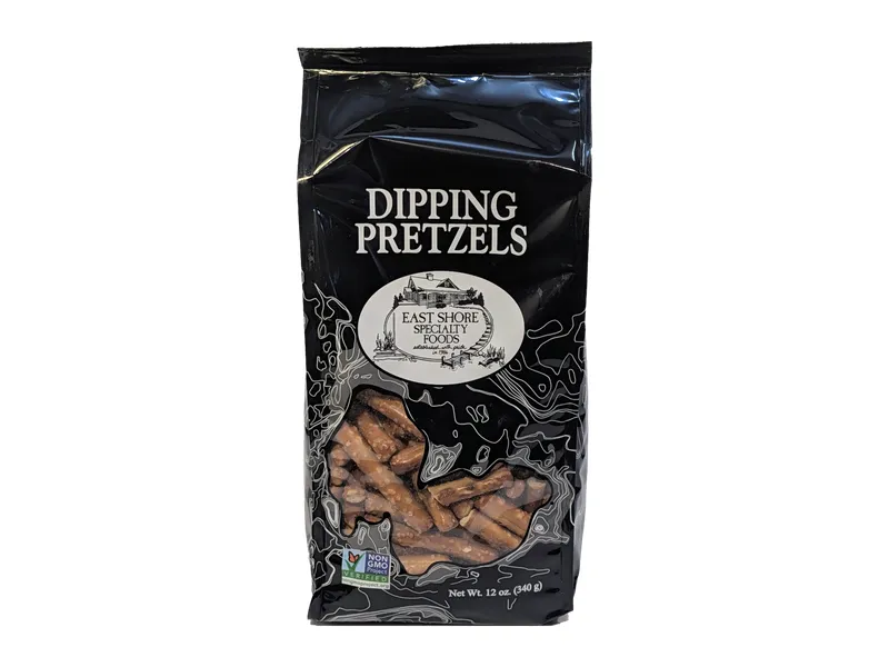 A 12 oz bag of East Shore Specialty Foods Dipping Pretzels