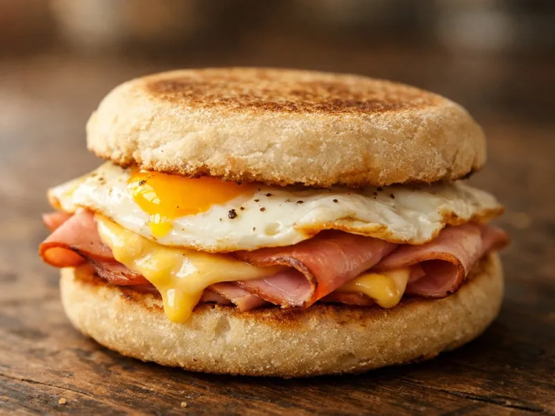 A breakfast sandwich on a toasted English muffin with a fried egg, sliced ham and melted cheese