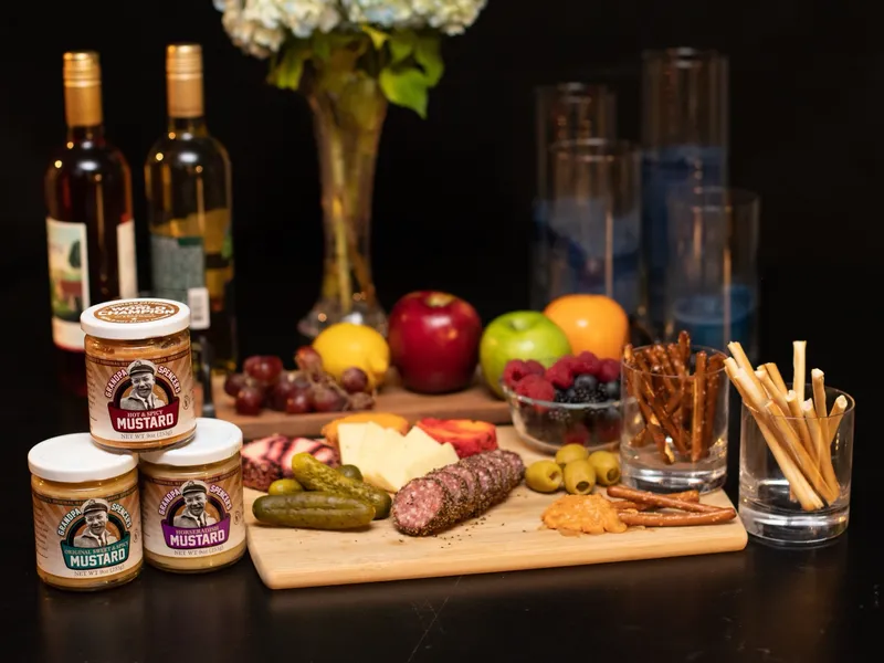 Three jars of Grandpa Spencer's mustard, Hot & Spicy stacked on Original Sweet & Spicy and Horseradish, next to a charcuterie board with sliced summer sausage, cheese, pickles, olives and pretzel rods, with fruit behind; the Hot & Spicy lid shows its World Champion seal