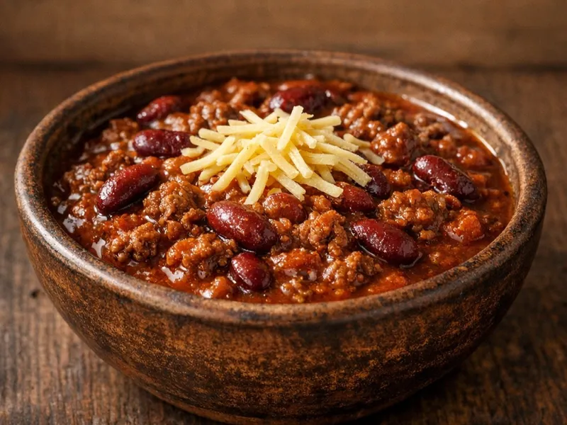A bowl of chili with ground beef and kidney beans, topped with shredded cheese