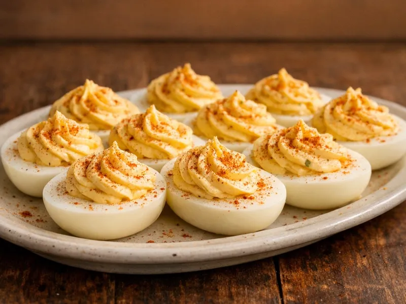 A plate of deviled eggs with piped filling, dusted with paprika