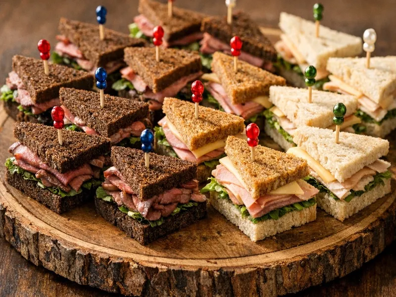 Finger sandwiches cut into triangles on a wooden board, roast beef on dark pumpernickel and ham and cheese on lighter bread, each held with a colored toothpick