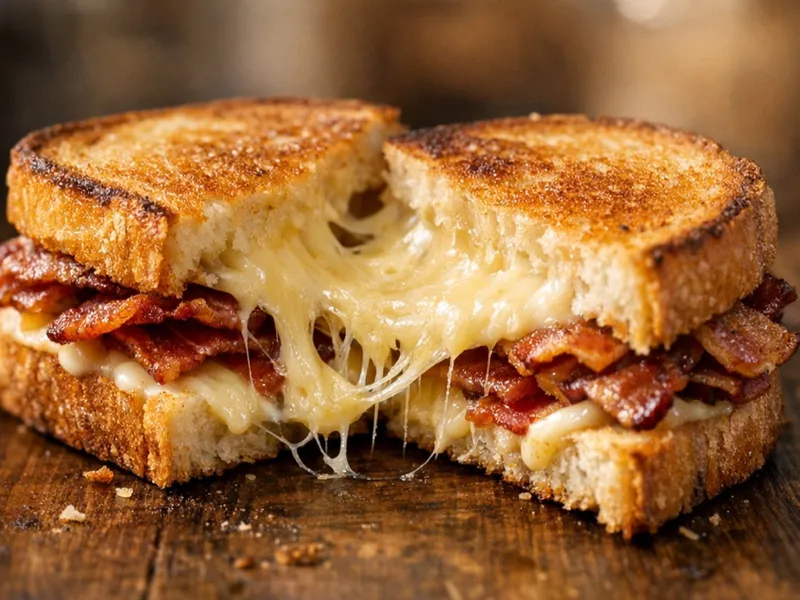 A grilled cheese sandwich with bacon, pulled apart to show the melted cheese