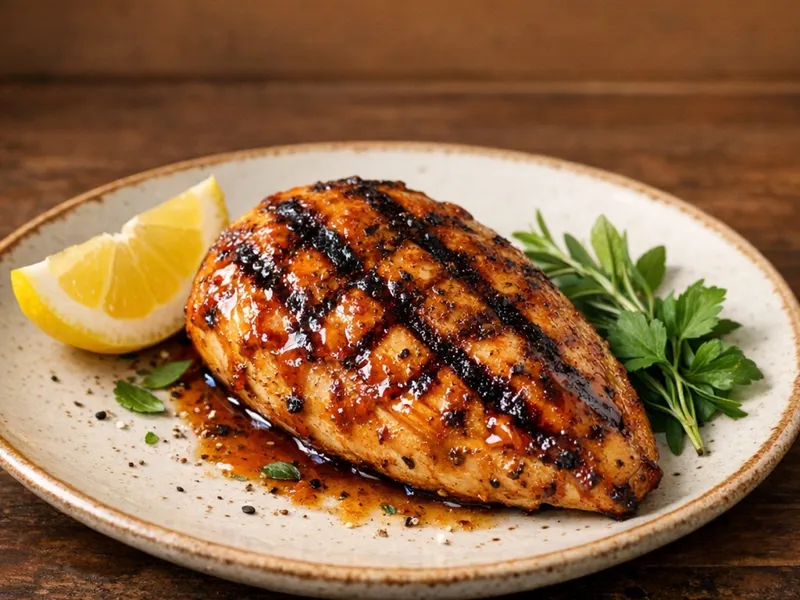 A grilled, glazed chicken breast on a plate with a lemon wedge and fresh herbs