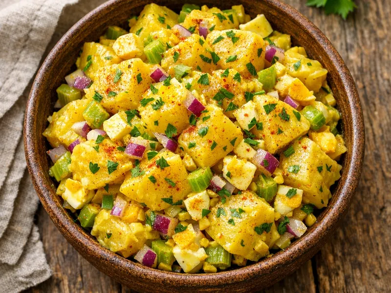 A bowl of potato salad in a golden mustard dressing, with celery, red onion, chopped egg, parsley and a dusting of paprika