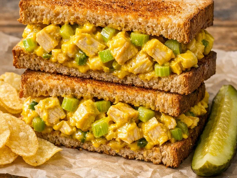 A chicken salad sandwich on toasted wheat bread, cut in half and stacked, the chicken and celery in a golden mustard dressing, with potato chips and a pickle spear