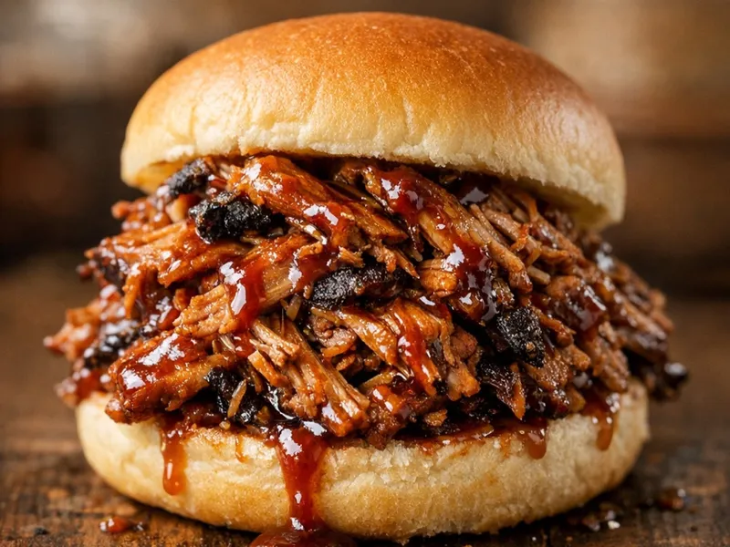 A pulled pork sandwich on a soft bun, the shredded smoked pork glazed with BBQ sauce